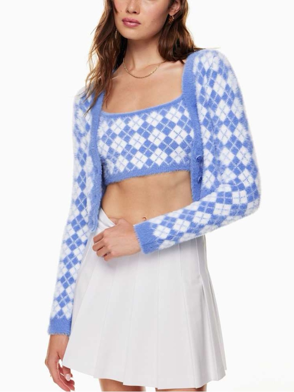 Sunday Best x Aritzia White/ Azurine Blue Reese Argyle Cardigan Small Academia